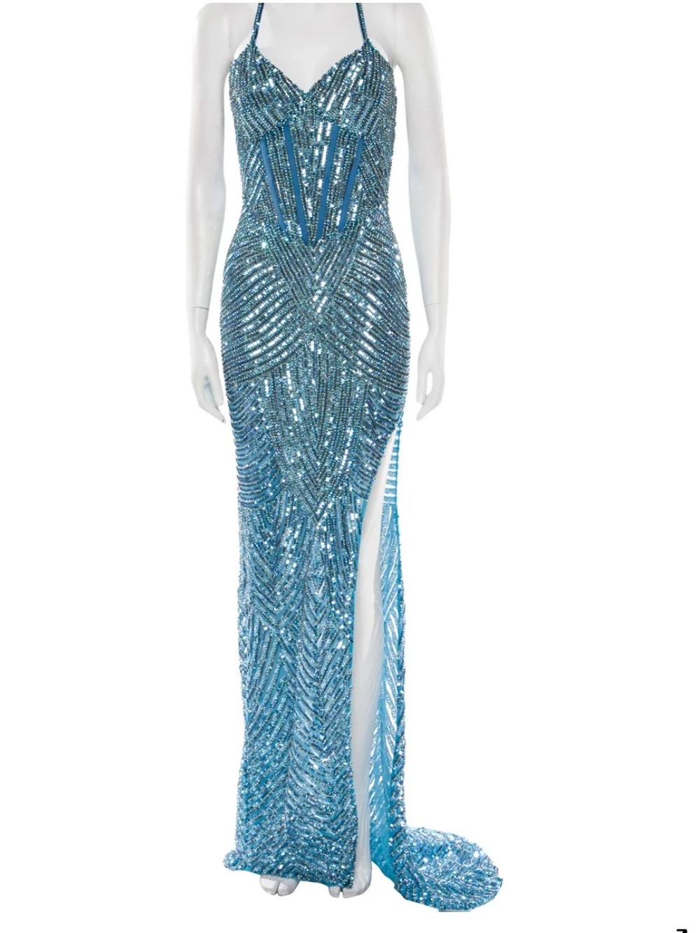 Portia and Scarlett Teal Sequin Slit Evening Gown